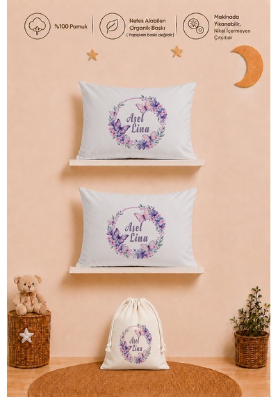 İsme Özel Kız Bebek Hediyesi 2 Adet 35x45 %100 Pamuk Yastık Kılıfı Ve Ham Bez Bebek Kıyafet Kesesi 1018y2kyx