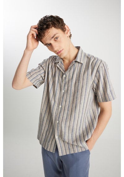 Wrangler Relaxed Fit Geniş Kesim Pamuk Keten Karışımlı Çizgili Gömlek Indigo Stripe