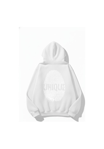 Uyguntarz Unisex Yumuşak Dokulu Unique Fingerprint Baskılı Tasarım Oversize 3 İplik Hoodie Sweatshirt beyaz