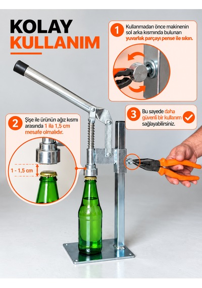 Gazzel Şişe Kapatma Aleti Gazoz Soda Şişesi Taç Kapak Makinası + 250 Adet Gazoz Kapağı Makine + 250 Adet Kapak