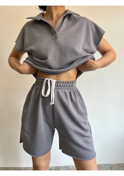 Mai Collection Mai Studios Co. Polo Yaka Duman Şort Takım Gri
