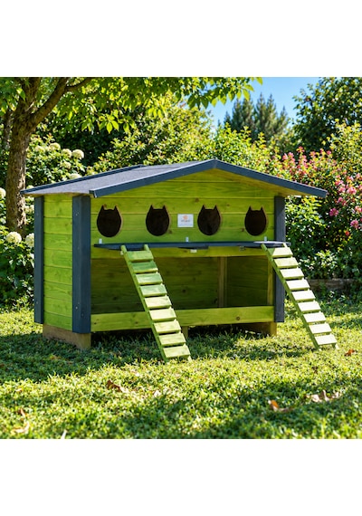 4 Yuvalı Mamalıklı Ahşap Kedi Evi Yeşil Renk