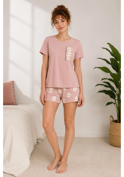 Pijamask Kadın Pudra Pembe Baskılı Kısa Kollu Pijama Takımı Pembe