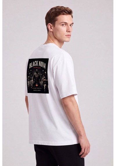 Black Nova Oversize Baskılı Unisex Tişört Lone Rider With Text Beyaz