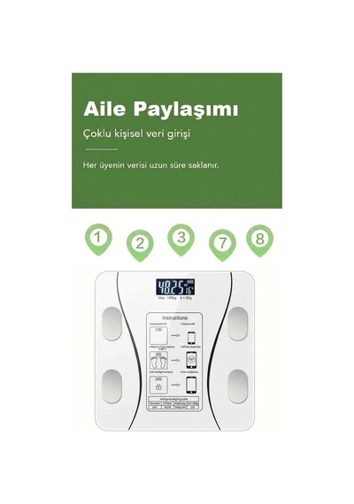 Dijital Bluetooth Baskül - Yağ Su Kas Vücut Kitle Endeksi Kilo Ölçer Tartı Vücut Analiz Cihazı Beyaz