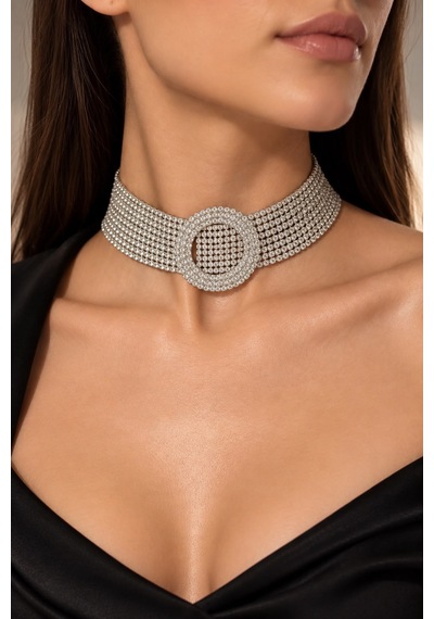 Valmont Kristal Taşlı 32+11 Cm Choker Işıltılı Şık Kadın 9 Sıra Su Yolu Tasma Kolye Gümüş