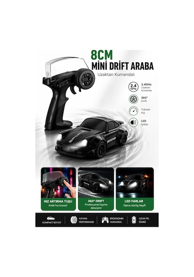 8cm 1:64 Ölçek Uzaktan Kumandalı Drift Araba Led Işıklı Şarjlı Oyuncak Siyah
