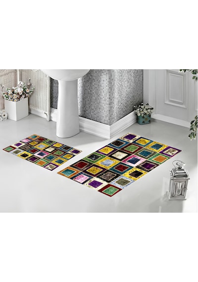 Renkli Mozaik Patchwork 2 Li Banyo Paspası Seti Kaymaz Taban Yıkanabilir Çok renkli