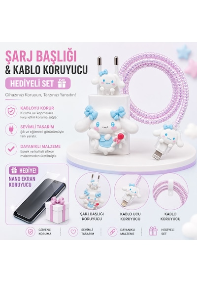 İphone 15 Plus Uyumlu Nano Ekran Koruyucu Hediyeli Şarj Başlığı & Kablo Koruyucu Koruma Seti Kırmızı