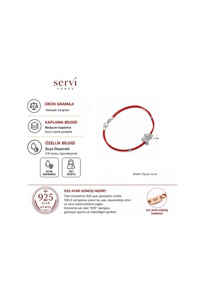 Servi 925 Ayar Gümüş Kırmızı İpli Kelebek Figürlü Şans Bilekliği-415