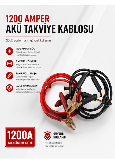 1200 Amper Akü Takviye Kablosu 2 Metre Bakır Uçlu - Lisinya