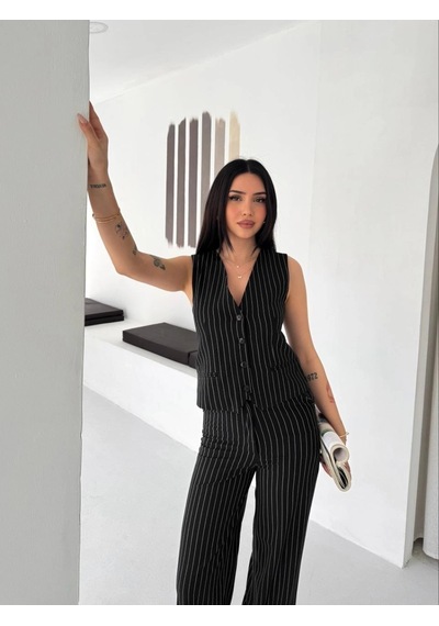 Moda Kadın Çizgili Tansel Kumaş Yelek Pantolon İkili Takım Ofis Şık Modern - Siyah Çok Renkli