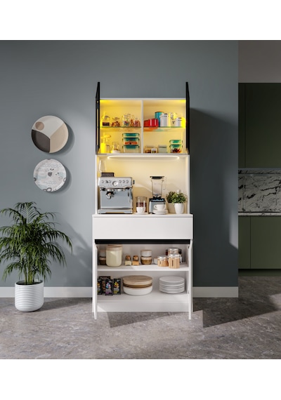 Lotus Mini Kahve Köşesi Komple Mdf Led Aydınlatmalı Mutfak Dolabı Beyaz