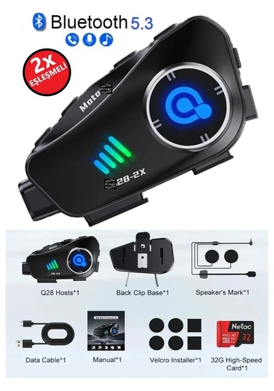 Q28-2x Motosiklet Kask Bluetooth Interkom Su Geçirmez 1080p Hd Sürüş Kaydedici Kablosuz Kamera