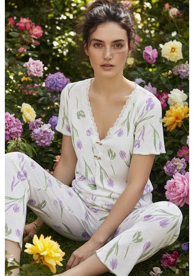 Siyah İnci Dantelli Bürümcük-krınkıl Kısa Kollu Pijama Takım 26120727 Ekru
