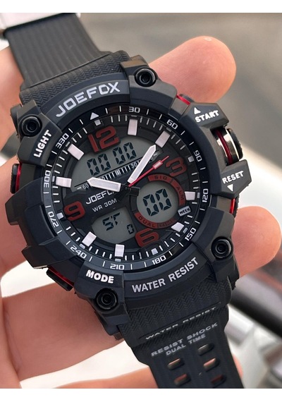 Joefox Digital Ve Analog 2 Yıl Garantili Kronmetre+takvim+alarm+aydınlatma Erkek Kol Saati Joe.bk04 Siyah - Kırmızı