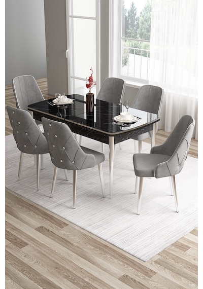 Canisa Tia Serisi 80x132 Mdf Açılabilir Siyah Mermer Desen Krom Detay Mutfak Masası Ve 6 Gri Sandalye Masa Siyah Mermer Desen Sandalye Gri Canisa Tia Serisi 80x132 Mdf Açılabilir Siyah Mermer Desen Krom Detay Mutfak Masası Ve 6 Gri Sandalye Masa Siyah Mermer Desen Sandalye Gri
