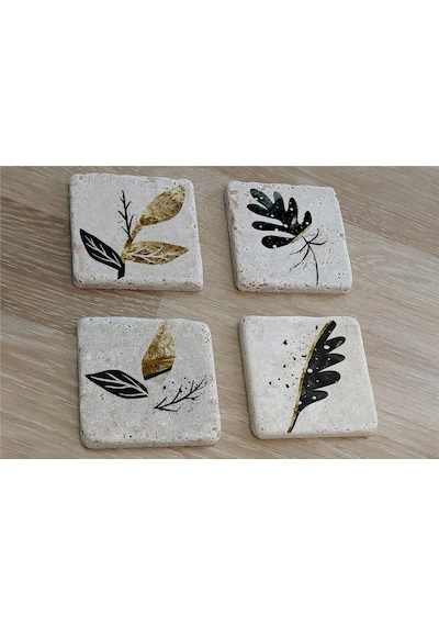 Altın Desenli Yapraklı Doğal Taş Bardak Altlığı 4'lü Set - Natural Stone Coasters - Taş Çok Renkli