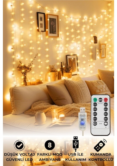 TechnoSmart Peri Telli Perde Led Işık Kumandalı 300 Ledli  3 x 3 metre Usb'li 8 Animasyonlu Günışığı Diğer