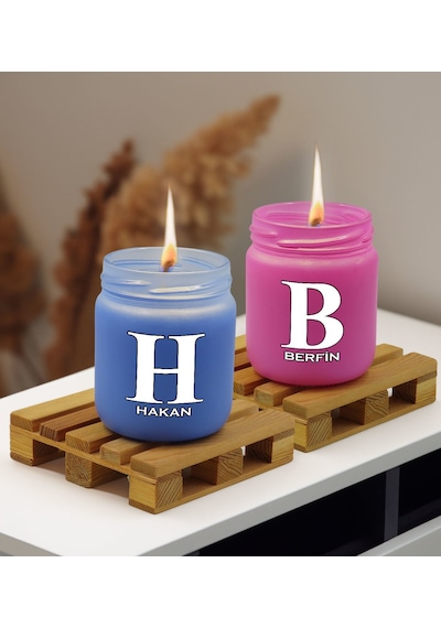 Bk Gift Kişiye Özel Dtf İsimli 2 Li Mavi Ve Pembe Renkli Cam Kavanozda Kokulu Mum-2, Arkadaşa Hediye, Sevgiliye Hediye