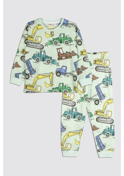 Zuzunga Ekskavatör Desenli %100 Pamuk Erkek Çocuk Pijama Takımı Mint