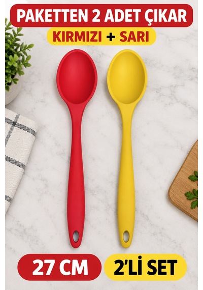 2'li Set Kırmızı Sarı Büyük Boy Silikon Kaşık 27 Cm Mutfak Yemek Pişirme Ve Servis Kaşığı Sofra İçin