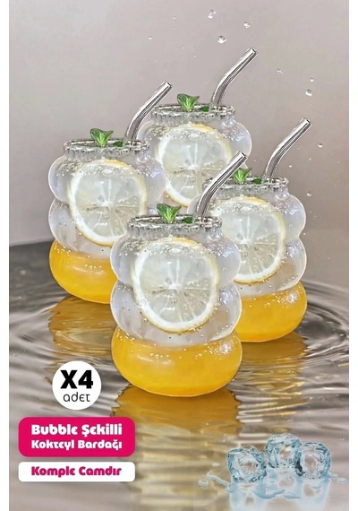 4lü Bubble Şekli Pipetli Cam Bardak Limonata Meşrubat Kokteyl Kahve Sunum Baloncuk Bardağı 500 Ml.