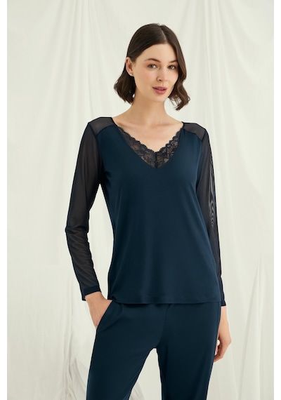 Monamise Kadın Sırt Dekolteli Uzun Kollu Tüllü Ve Dantelli Pijama Takımı 18680 Gece Mavisi