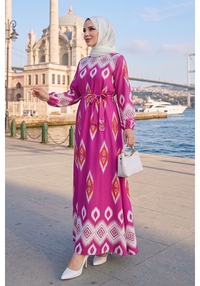 Bestenur Alera Desenli Viskon Elbise 1720 - Pembe