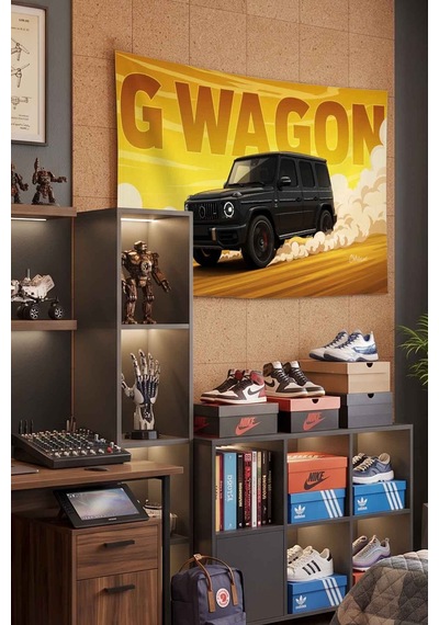 Mercedes G Wagon Siyah Sarı Graffiti Dekoratif Duvar Örtüsü Duvar Halısı Beyaz