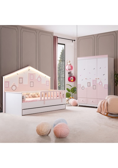 City Montessori Çocuk Odası Takımı Dolap Yavrulu Yatak - Pembe