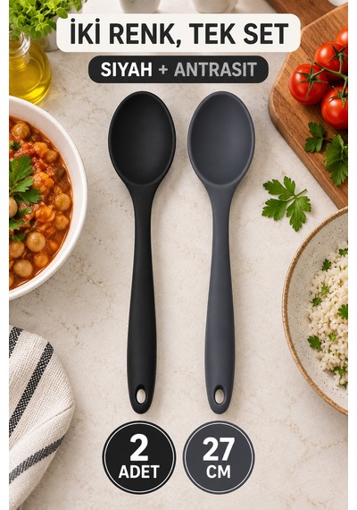 2'li Set Siyah Antrasit Büyük Boy Silikon Kaşık 27 Cm Mutfak Yemek Pişirme Ve Servis Kaşığı 2 Renkli