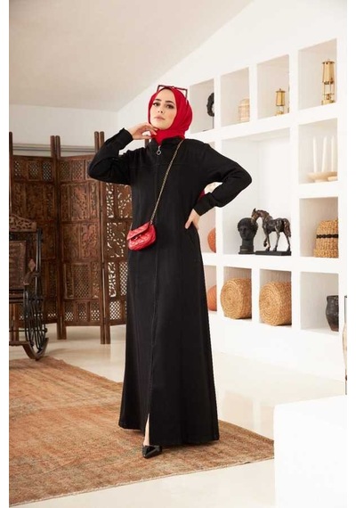Neways 6579-denim Fermuarlı Ferace Siyah Siyah