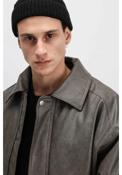 Vamos Oversize Deri Bomber Ceket Vizon
