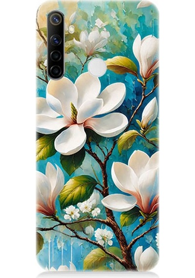 Realme 6i Uyumlu Işıltılı Beyaz Çiçekler Desenli Silikon Kılıf Çok Renkli