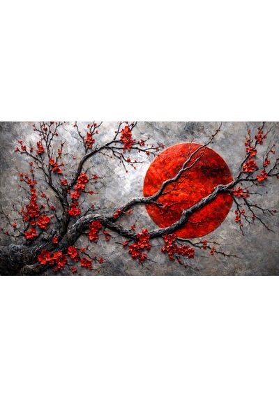 Kırmızı Ay Ve Sakura Ağacı Kanvas Tablo
