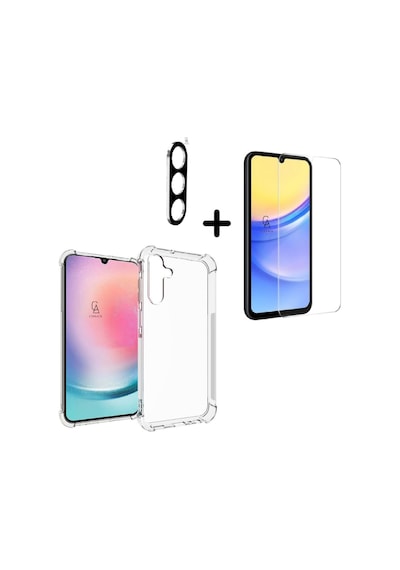 Samsung Galaxy A15 Uyumlu Kılıf Şeffaf Temperli Kırılmaz Cam Ekran Ve Kamera Lens Koruyucu Seti