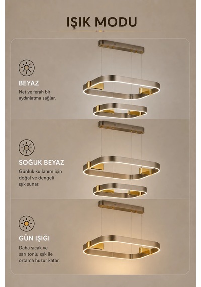 2'li Modern Premium 3 Renkli Ledli Sarkıt Avizesi Platin Salon Mutfak Oturma Odası Modelleri 224w Diğer
