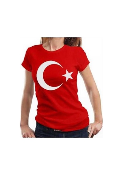 Bohem Stil Unisex Kırmızı Türk Bayraklı Kısa Kol T-shirt-8911 Kirmizi