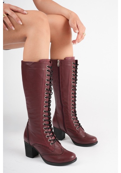 Analin Shoes Kadın Hakiki Deri Bağcıklı Topuklu Çizme Bordo