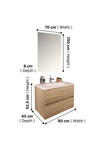 Kobos Simple 80 Cm Çekmeceli Banyo Dolabı Seti Light Walnut Ahşap Kobos Simple 80 Cm Çekmeceli Banyo Dolabı Seti Light Walnut Ahşap
