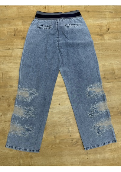 Büyük Beden Bol Kesim Paçası Desenli Taş Detayli Denim Kadın Pantolon Mavi