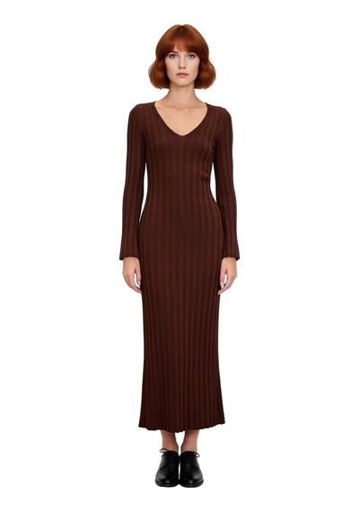 Ersefa Kadın Fashion Forward Bodycon Uzun Kollu V Yaka Maxi Triko Elbise Kahverengi
