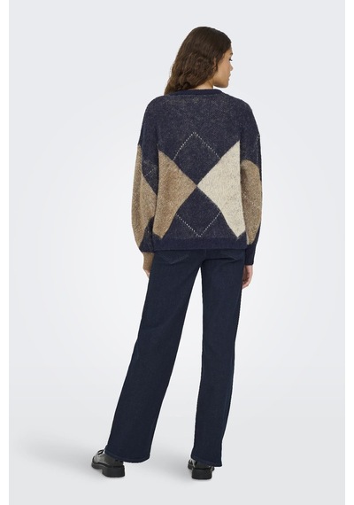 Only Noeme Life Ls Jacquard O-neck Kadın Triko Kazak Jakarlı Bisiklet Yaka Mavi