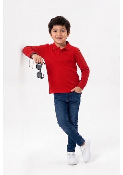 Nacar Store Unisex Çocuk Uzun Kollu Polo Yaka Lakost Okul Tişörtü Kırmızı