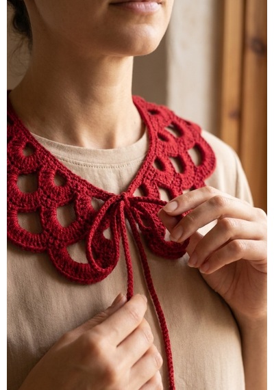 Bb Bibutikshop Kırmızı El Örgüsü Fiyonk Bağcıklı Takılabilir Yaka Vintage Dantel Model Renkli