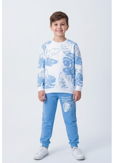 Veramoni Unisex Çocuk Palmiye Yapraklı Cepli Alt Üst 2'li Takım Mavi