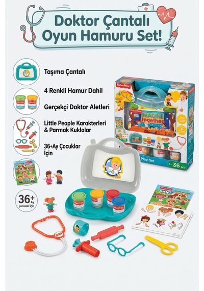 Little People Çantalı Doktor Muayene Seti Ve 4 Renkli Oyun Hamuru Çok  Renkli