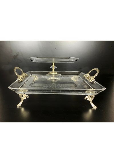 Elta Collection 2 Li Paşabahçe Kristal Gümüş Metal Ayaklı Yaldızlı Kare Pasta Sunumluk Kurabiyelik Gümüş