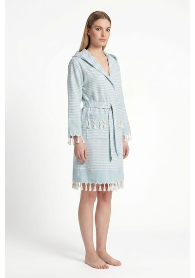 Kapşonlu Unisex Peştemal Plaj Bornozu %100 Pamuklu Seaside Stripe Turkuaz